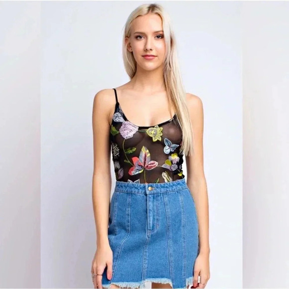 Honey Punch Semi Sheer Black/Floral Embroidered Bodysuit, Spaghetti Straps, Sz S - Picture 1 of 14